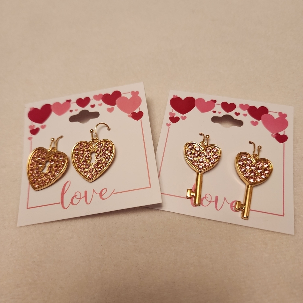 2 Sets of Heart Rhinestone Lock & Key Earrings - Picture 2 of 6